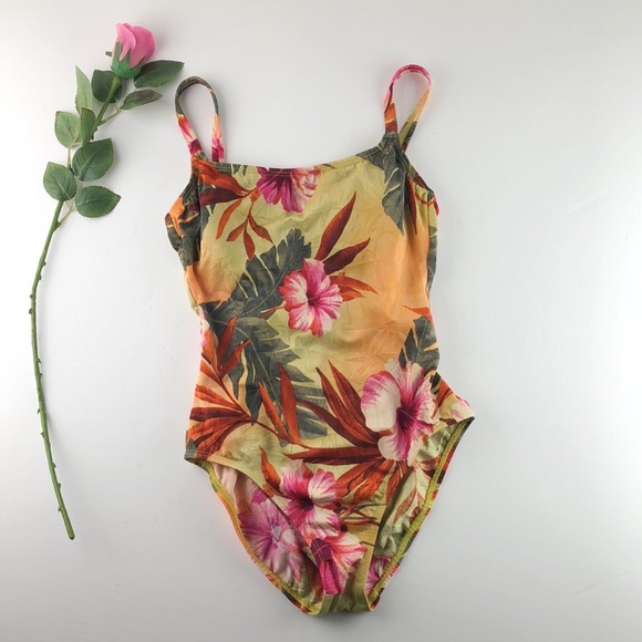 Vintage Swim Vtg 8s Baja Blue Golden Floral Tropical One Piece